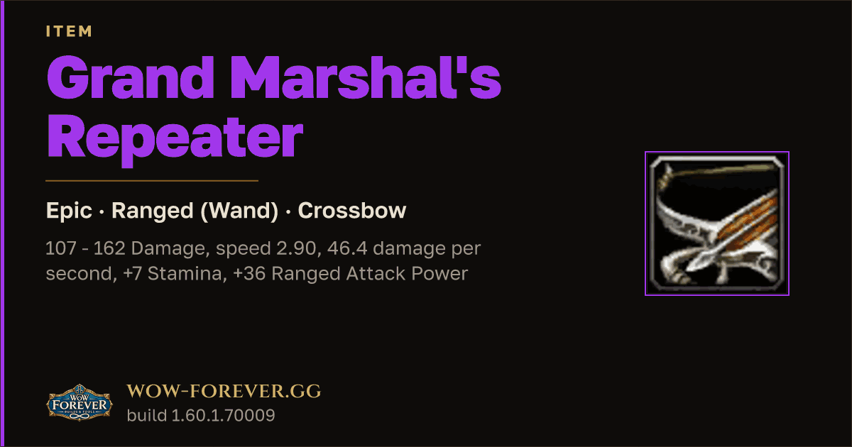 The preview card for Grand Marshal's Repeater - Epic Crossbow