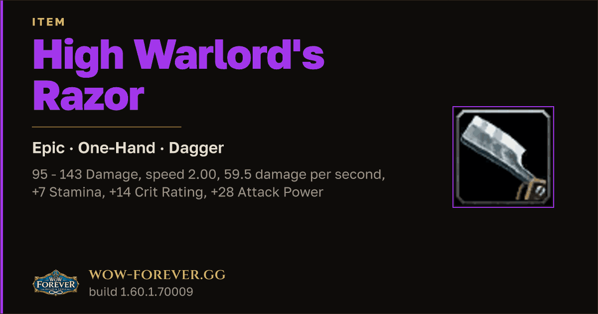 The preview card for High Warlord's Razor - Epic One-Hand Dagger