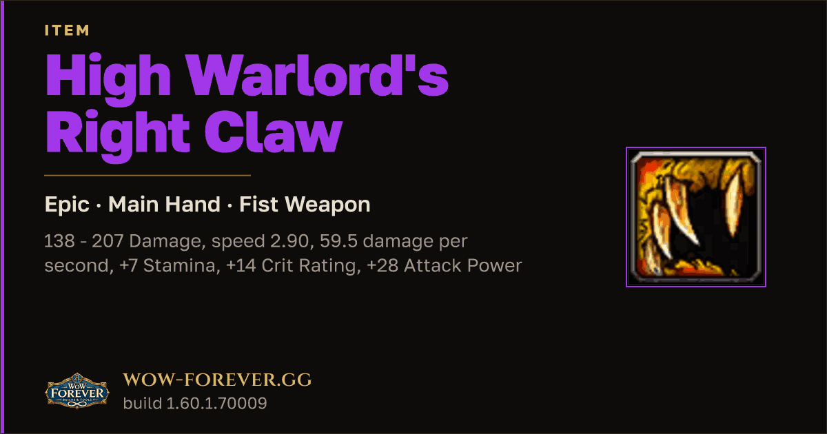 The preview card for High Warlord's Right Claw - WoW Forever Item