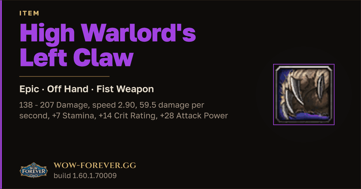 The preview card for High Warlord's Left Claw - WoW Forever Item