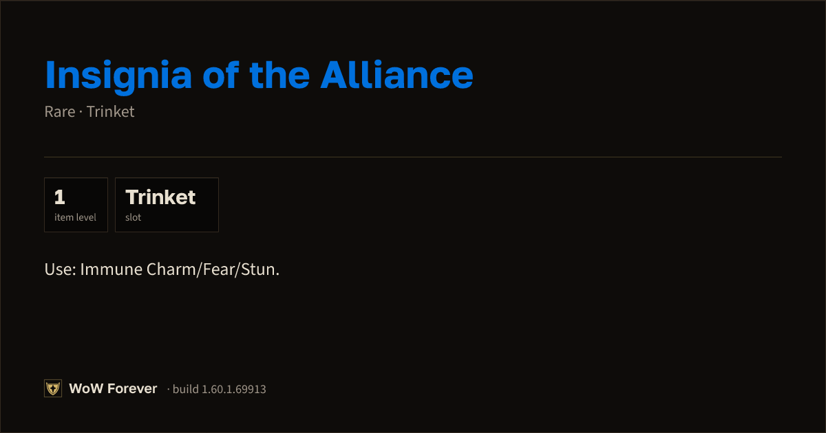The preview card for Insignia of the Alliance - Rare Trinket (ID 18863)