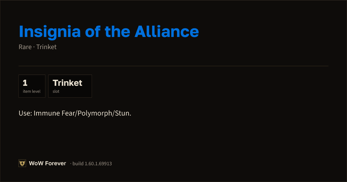 The preview card for Insignia of the Alliance - Rare Trinket (ID 18864)