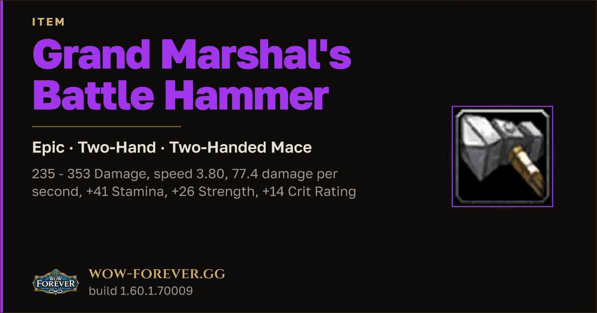 The preview card for Grand Marshal's Battle Hammer - Epic Two-Hand Mace