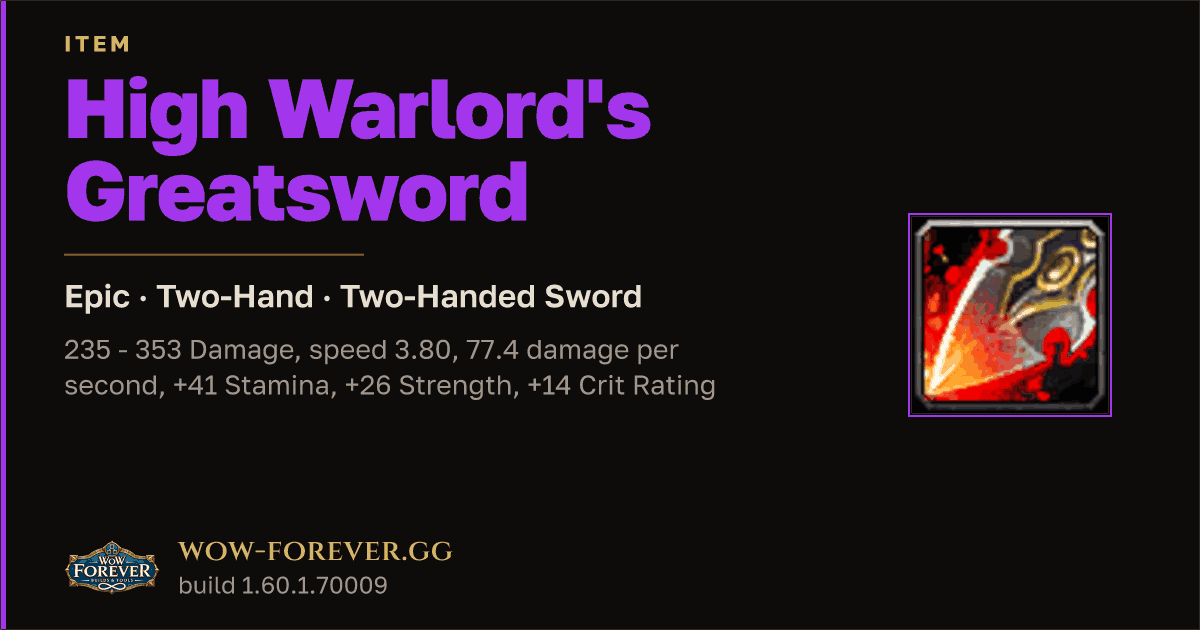 The preview card for High Warlord's Greatsword - Epic Two-Hand Sword