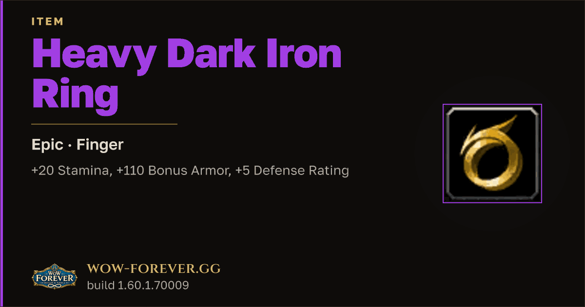 The preview card for Heavy Dark Iron Ring - Epic Ring, Item Level 66