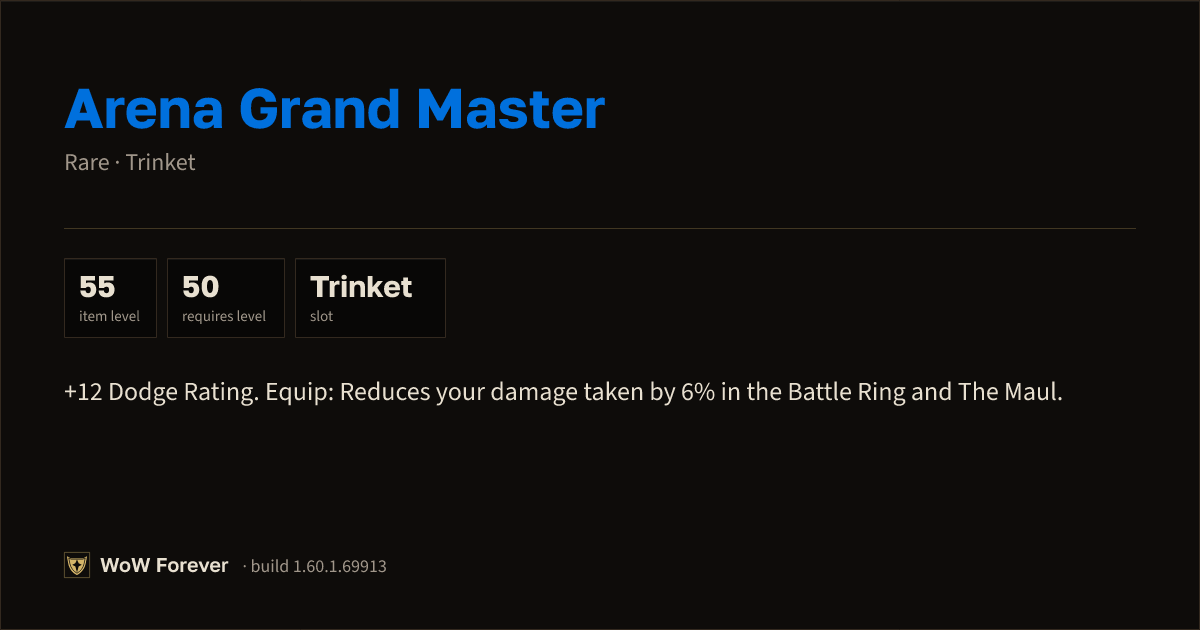 The preview card for Arena Grand Master - Rare Trinket, Item Level 55