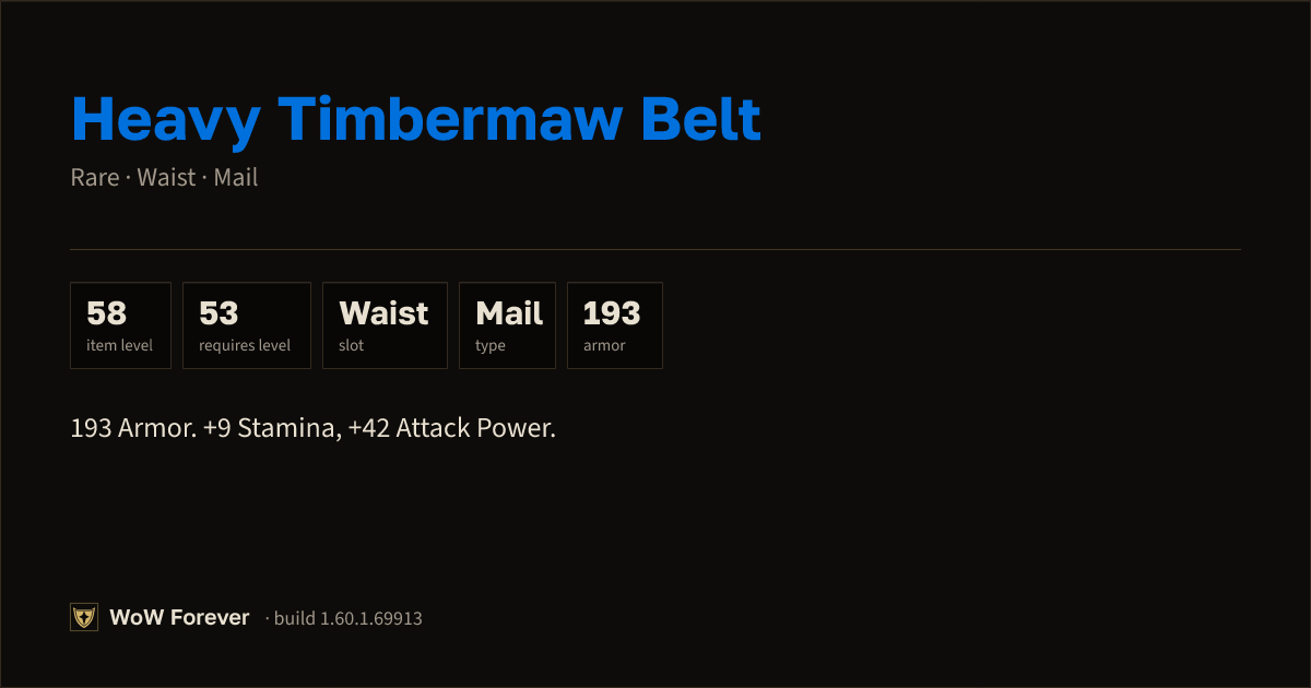 The preview card for Heavy Timbermaw Belt - Rare Mail Waist