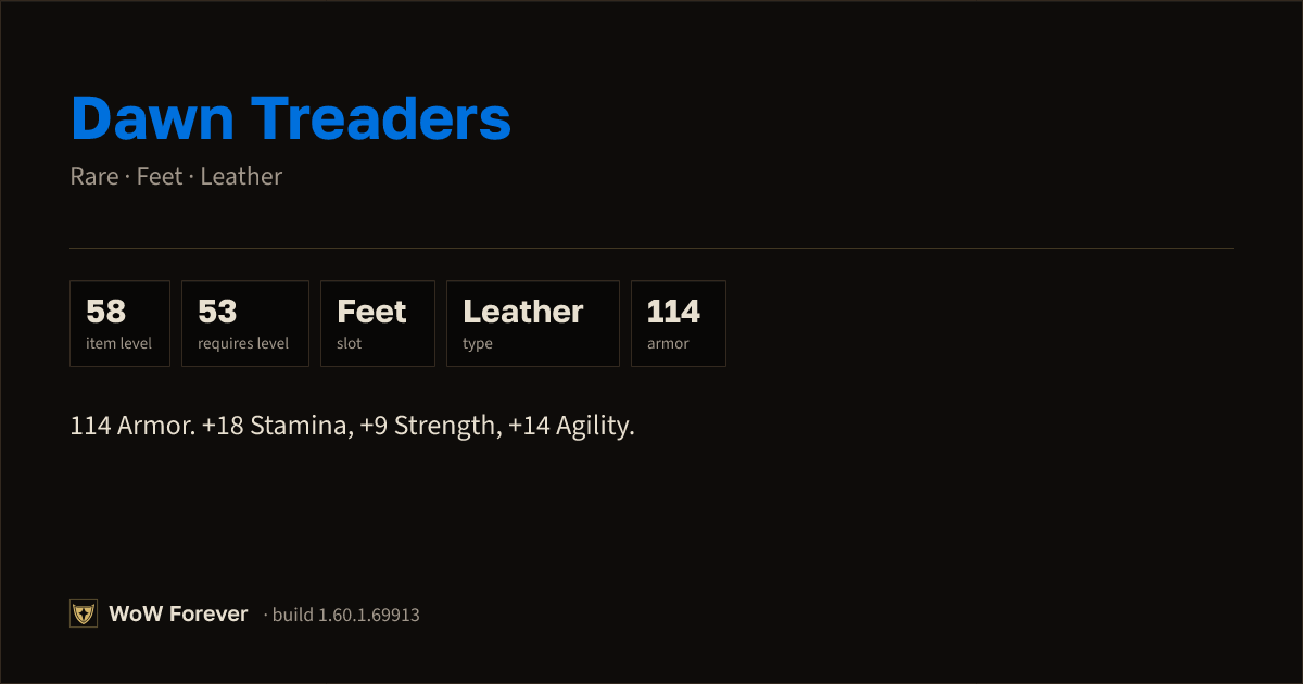 The preview card for Dawn Treaders - Rare Leather Feet, Item Level 58