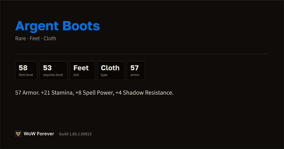 The preview card for Argent Boots - Rare Cloth Feet, Item Level 58