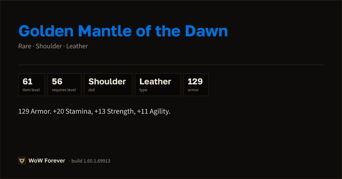 The preview card for Golden Mantle of the Dawn - Rare Leather Shoulder