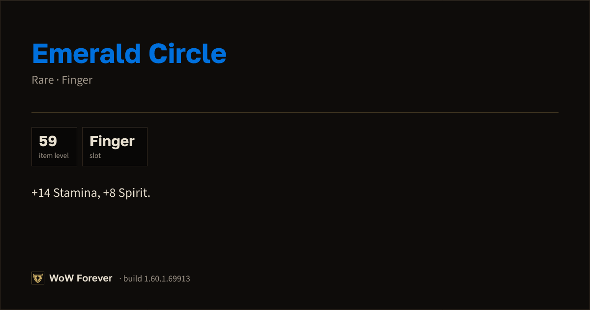 The preview card for Emerald Circle - Rare Ring, Item Level 59
