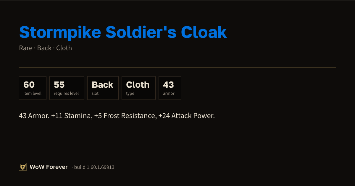 The preview card for Stormpike Soldier's Cloak - Rare Cloak