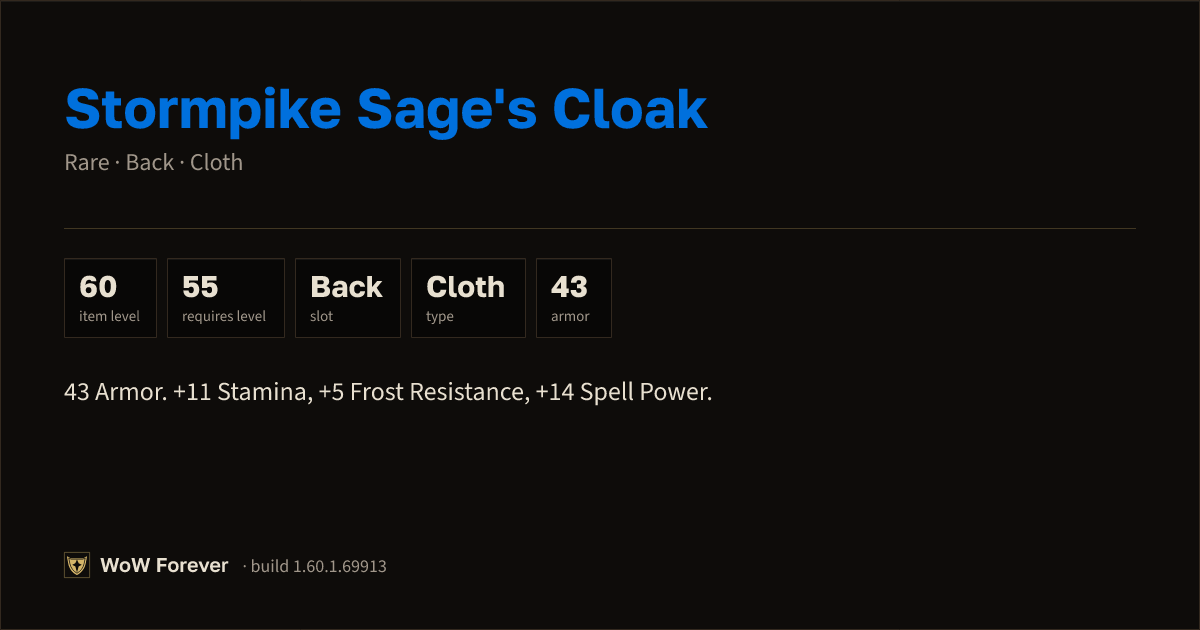 The preview card for Stormpike Sage's Cloak - Rare Cloak, Item Level 60