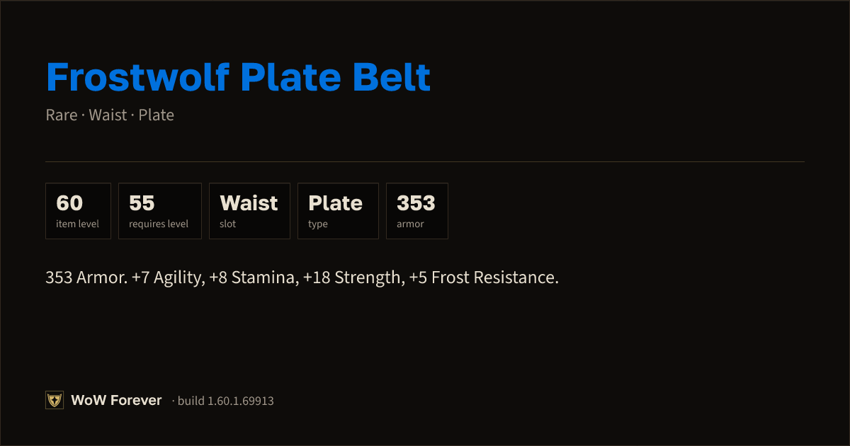 The preview card for Frostwolf Plate Belt - Rare Plate Waist