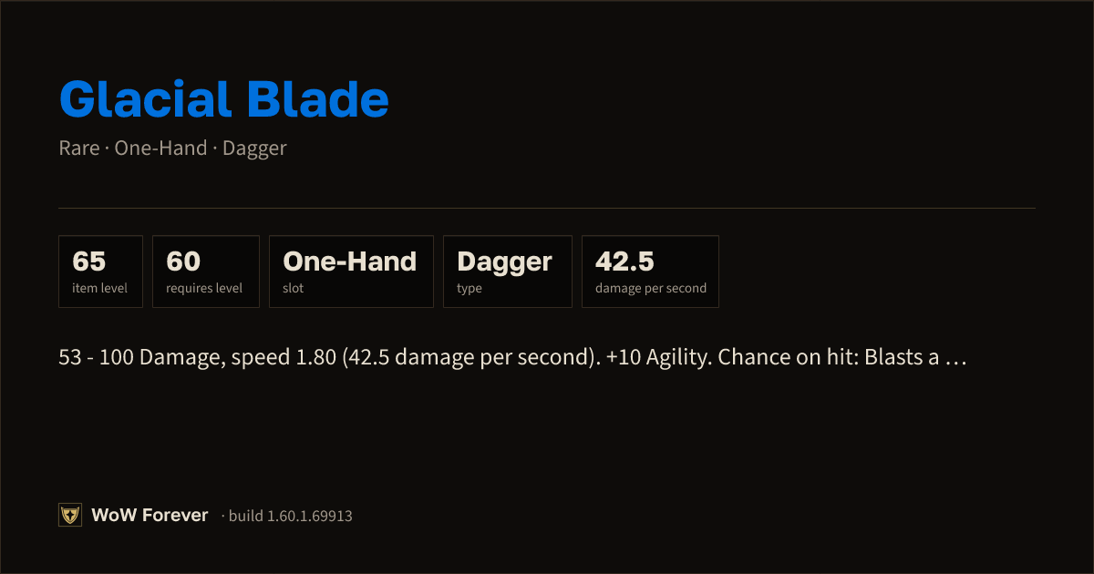 The preview card for Glacial Blade - Rare One-Hand Dagger, Item Level 65