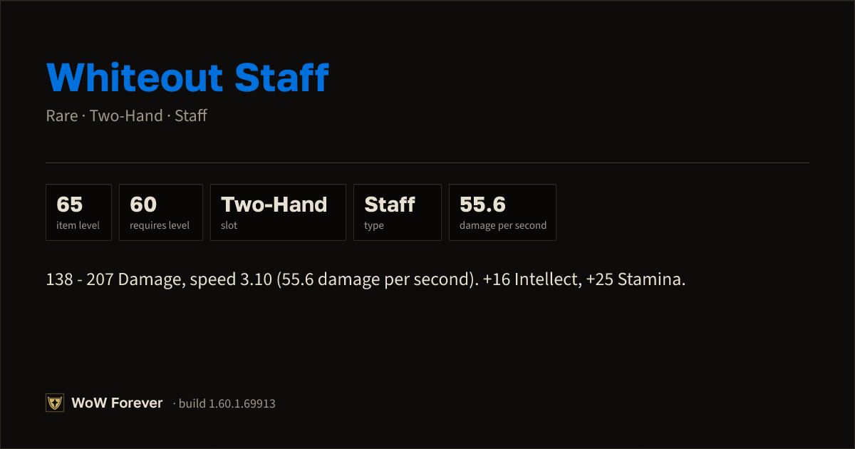 The preview card for Whiteout Staff - Rare Two-Hand Staff, Item Level 65