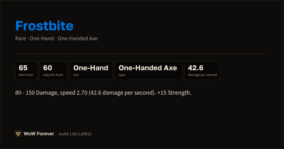 The preview card for Frostbite - Rare One-Hand Axe, Item Level 65