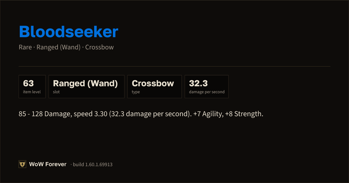 The preview card for Bloodseeker - Rare Crossbow, Item Level 63