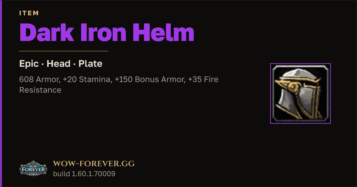 The preview card for Dark Iron Helm - Epic Plate Head, Item Level 66
