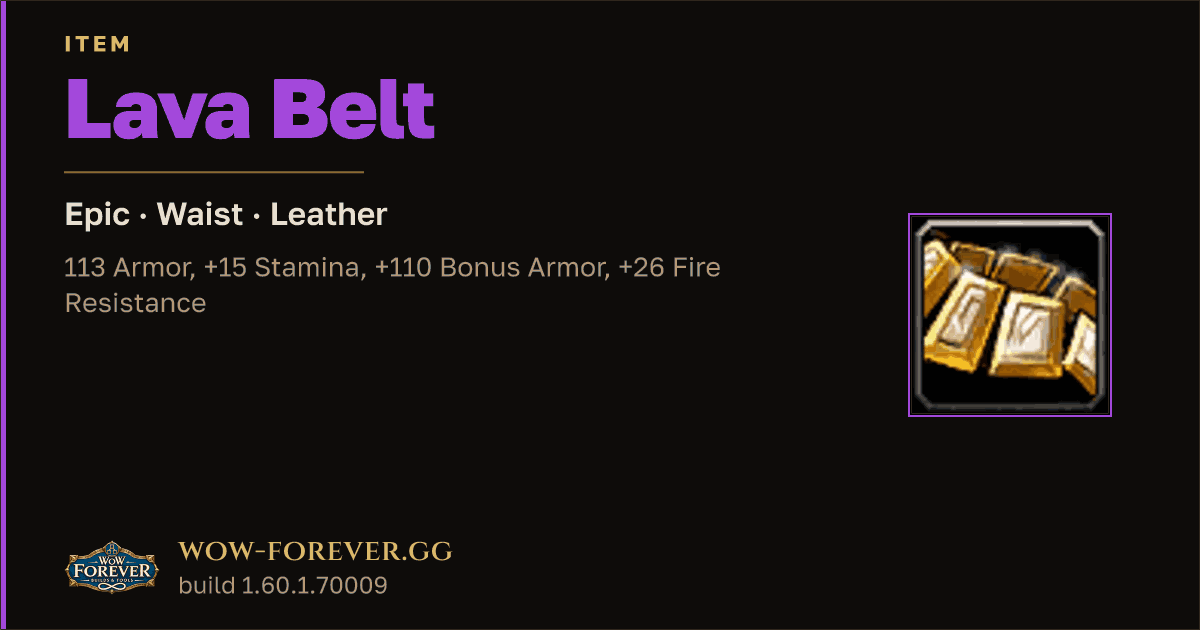 The preview card for Lava Belt - Epic Leather Waist, Item Level 66