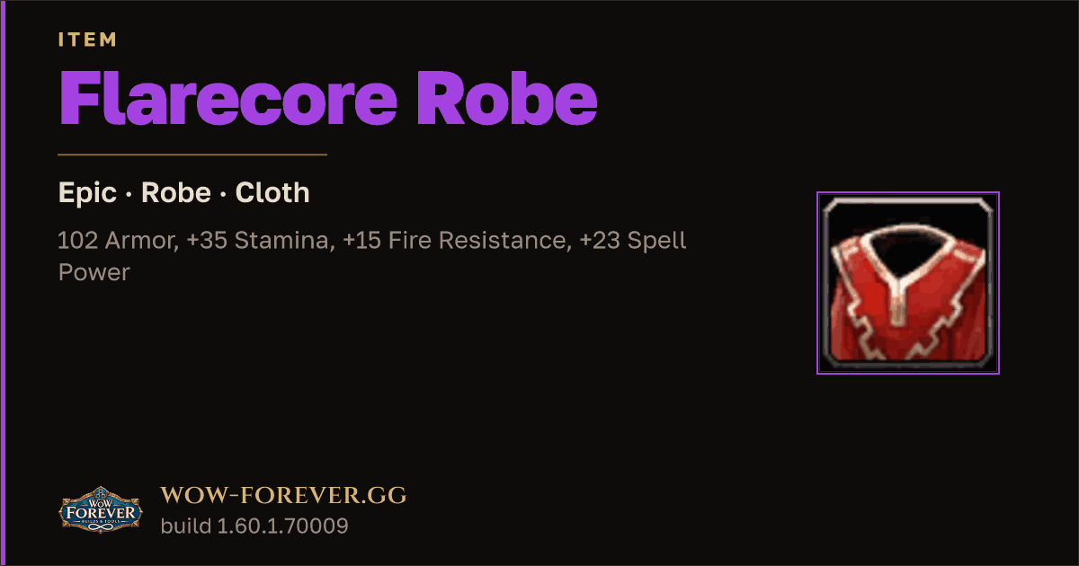 The preview card for Flarecore Robe - Epic Cloth Robe, Item Level 66