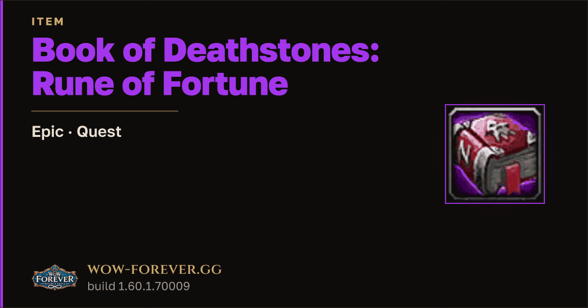 The preview card for Book of Deathstones: Rune of Fortune - WoW Forever Item