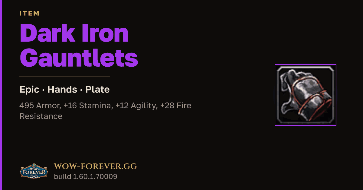 The preview card for Dark Iron Gauntlets - Epic Plate Hands