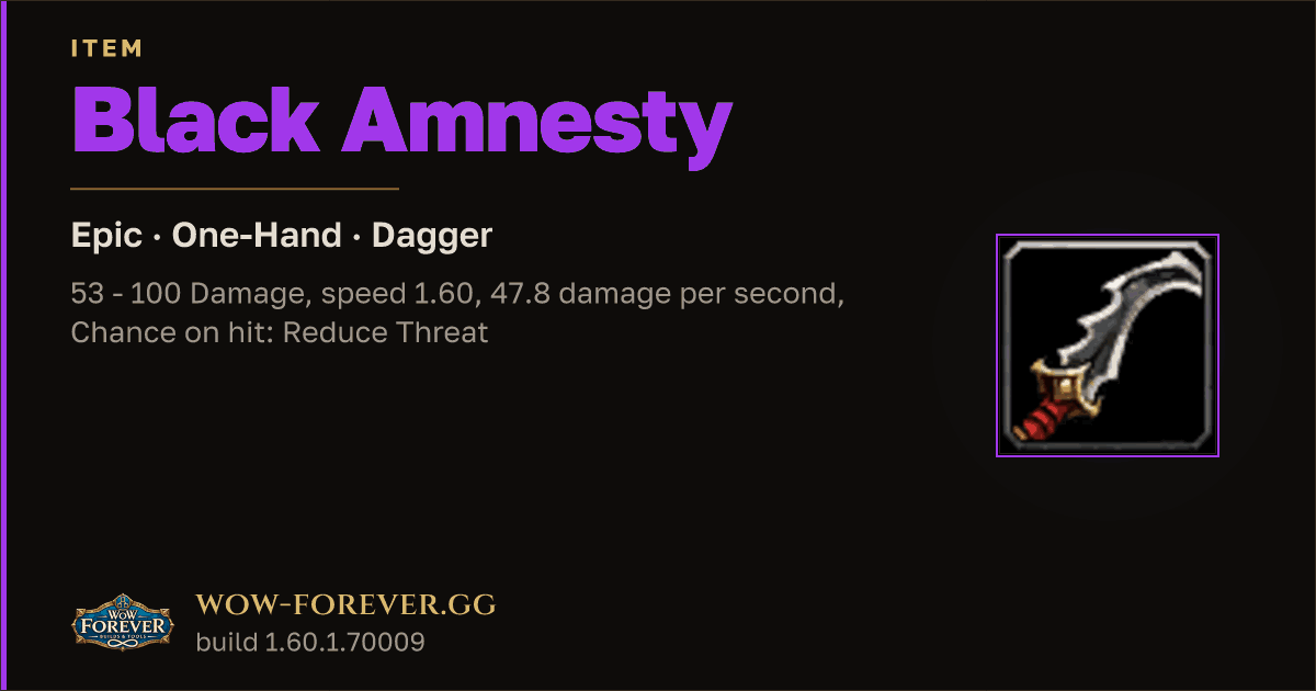 The preview card for Black Amnesty - Epic One-Hand Dagger, Item Level 66
