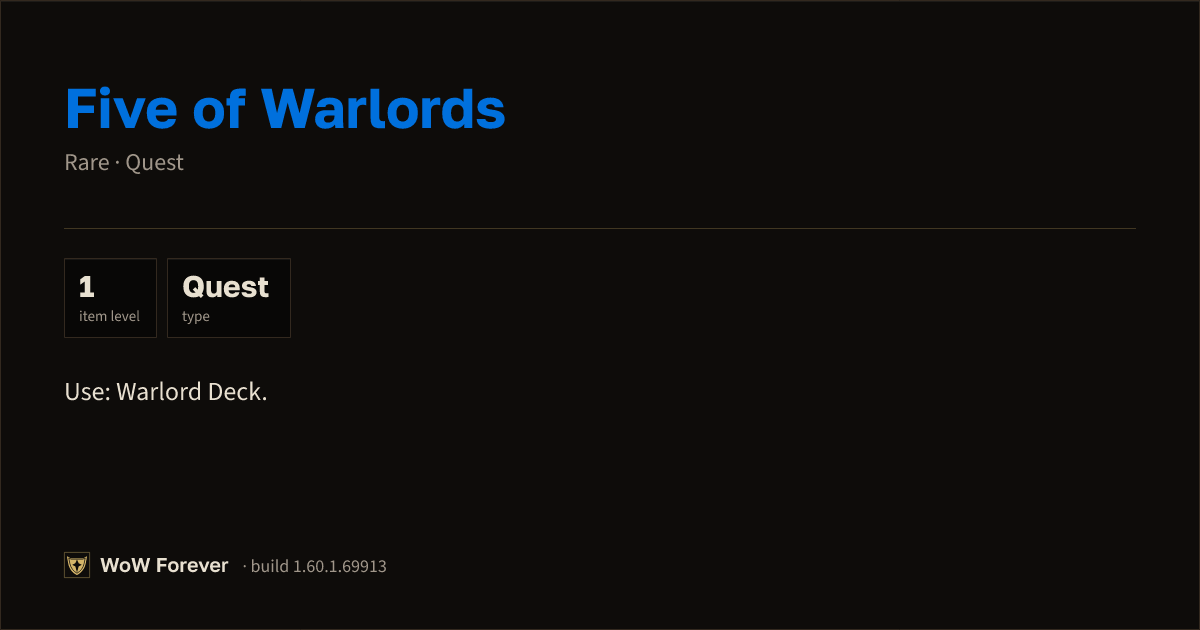 The preview card for Five of Warlords - Rare Quest Item, Item Level 1