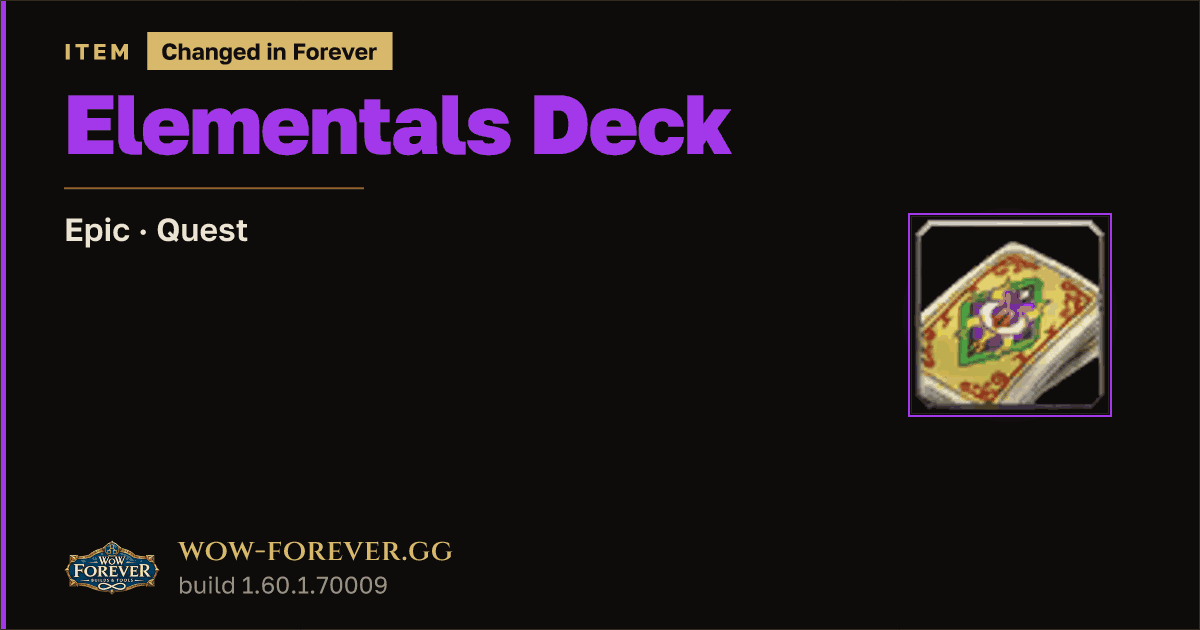 The preview card for Elementals Deck - Epic Quest Item, Item Level 1