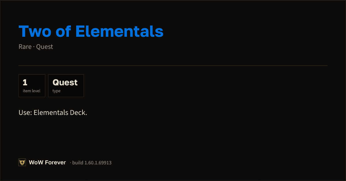 The preview card for Two of Elementals - Rare Quest Item, Item Level 1