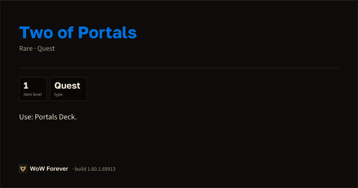 The preview card for Two of Portals - Rare Quest Item, Item Level 1