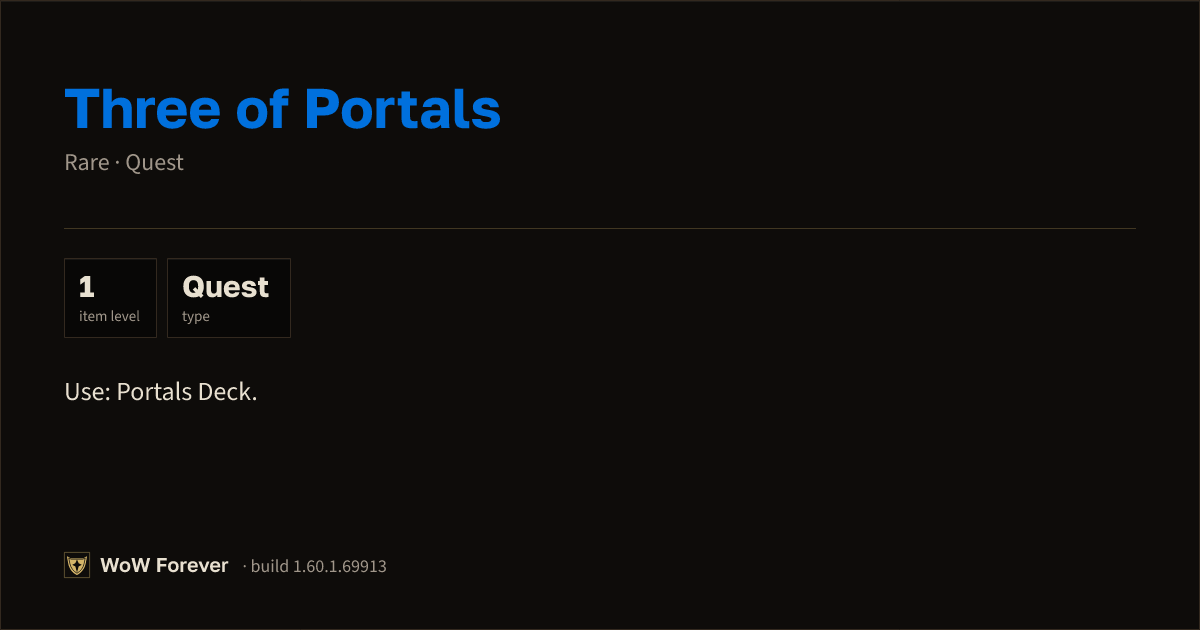 The preview card for Three of Portals - Rare Quest Item, Item Level 1