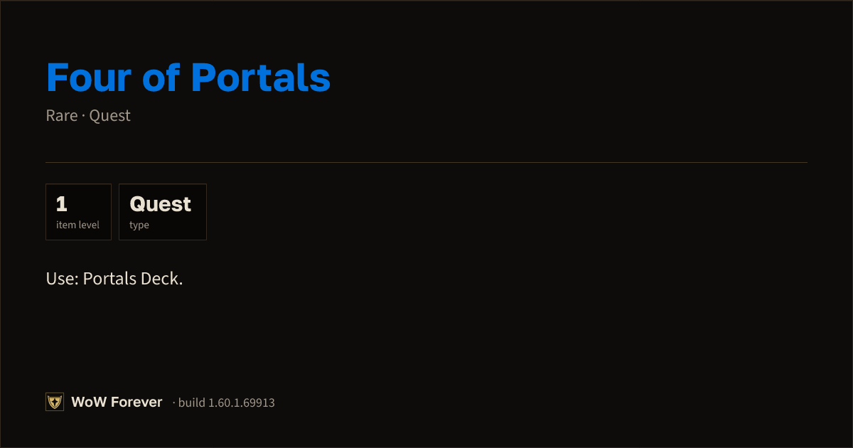 The preview card for Four of Portals - Rare Quest Item, Item Level 1