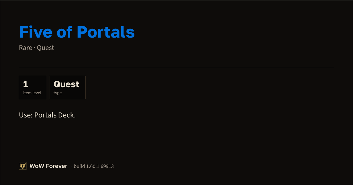 The preview card for Five of Portals - Rare Quest Item, Item Level 1