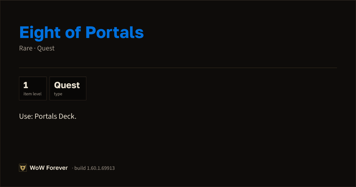 The preview card for Eight of Portals - Rare Quest Item, Item Level 1