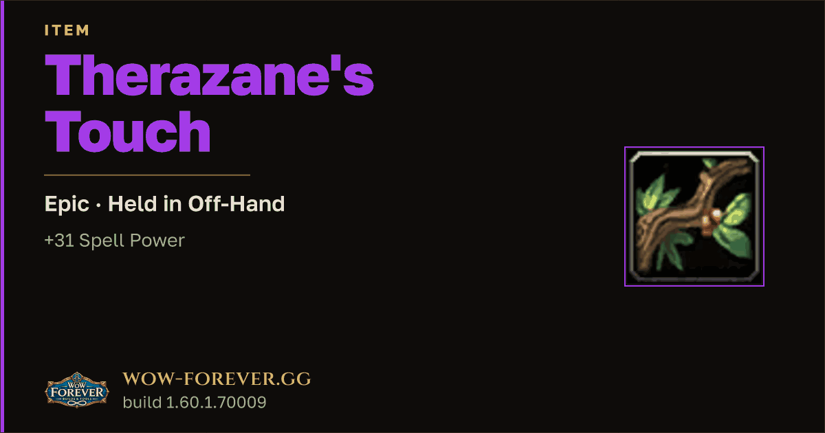 The preview card for Therazane's Touch - Epic Off-Hand Item