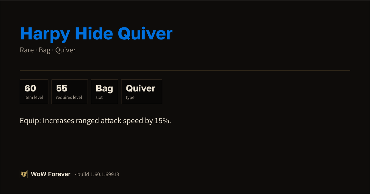 The preview card for Harpy Hide Quiver - Rare Quiver, Item Level 60