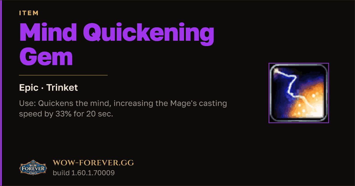 The preview card for Mind Quickening Gem - Epic Trinket, Item Level 76