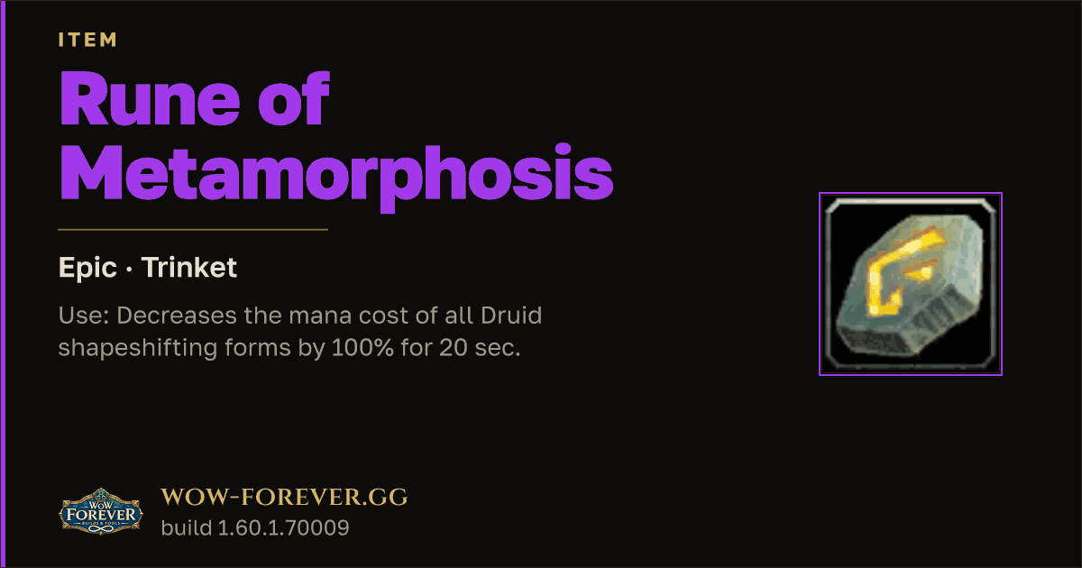 The preview card for Rune of Metamorphosis - Epic Trinket, Item Level 76