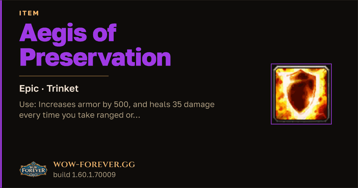 The preview card for Aegis of Preservation - Epic Trinket, Item Level 76