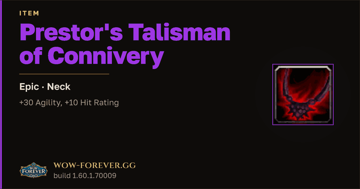 The preview card for Prestor's Talisman of Connivery - Epic Necklace