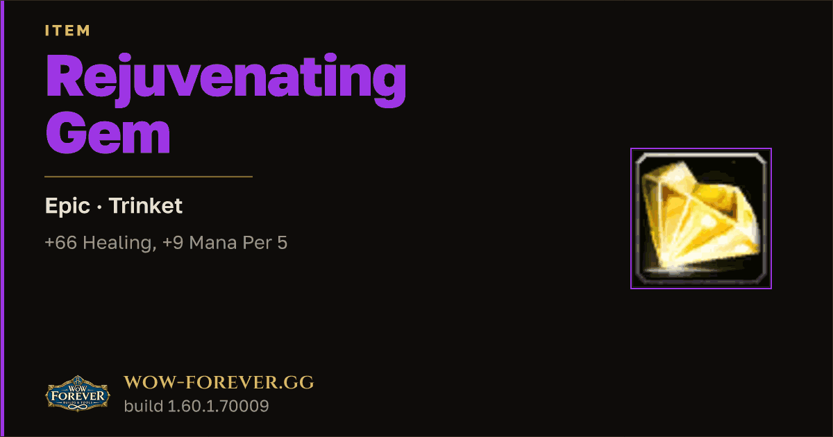 The preview card for Rejuvenating Gem - Epic Trinket, Item Level 75