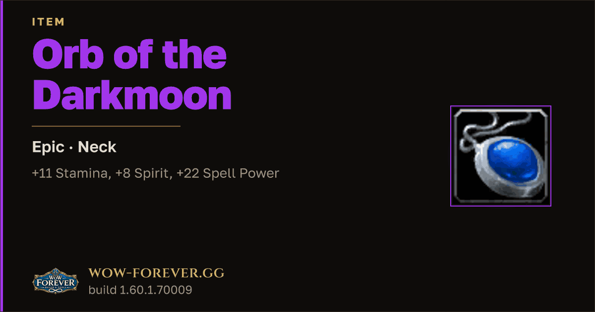 The preview card for Orb of the Darkmoon - Epic Necklace, Item Level 65