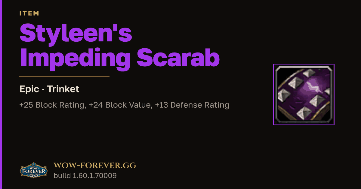 The preview card for Styleen's Impeding Scarab - Epic Trinket
