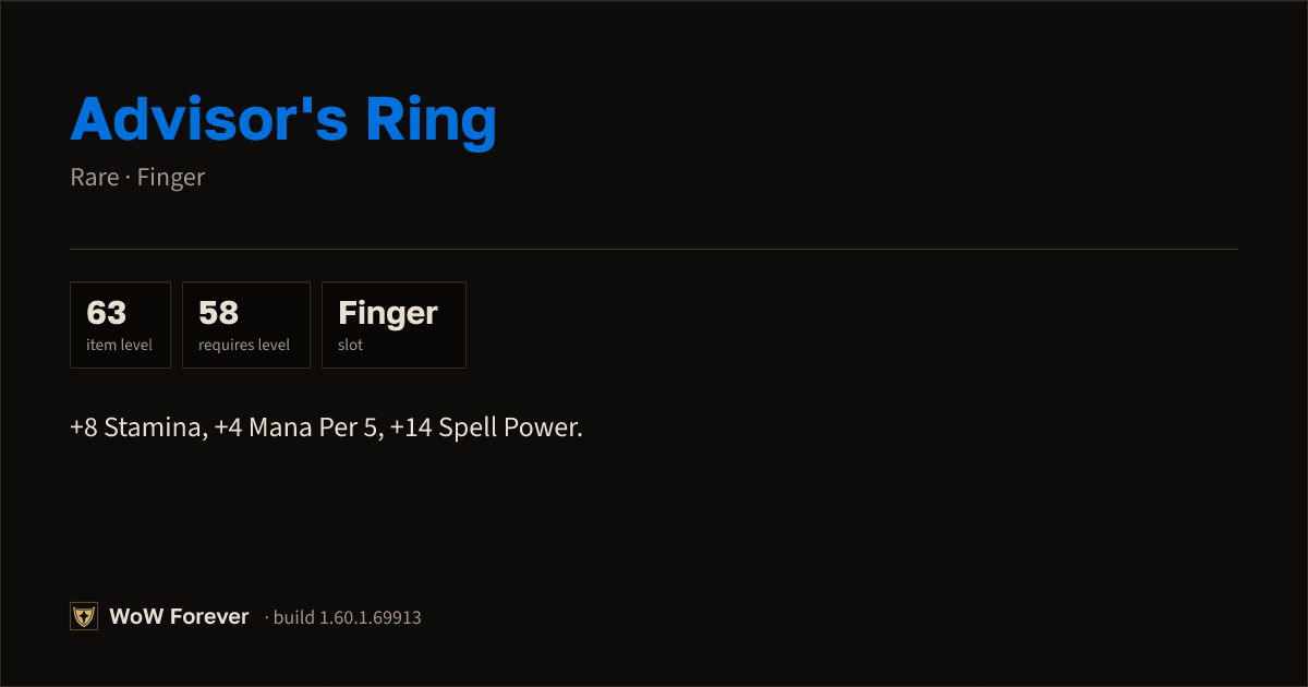 The preview card for Advisor's Ring - Rare Ring, Item Level 63