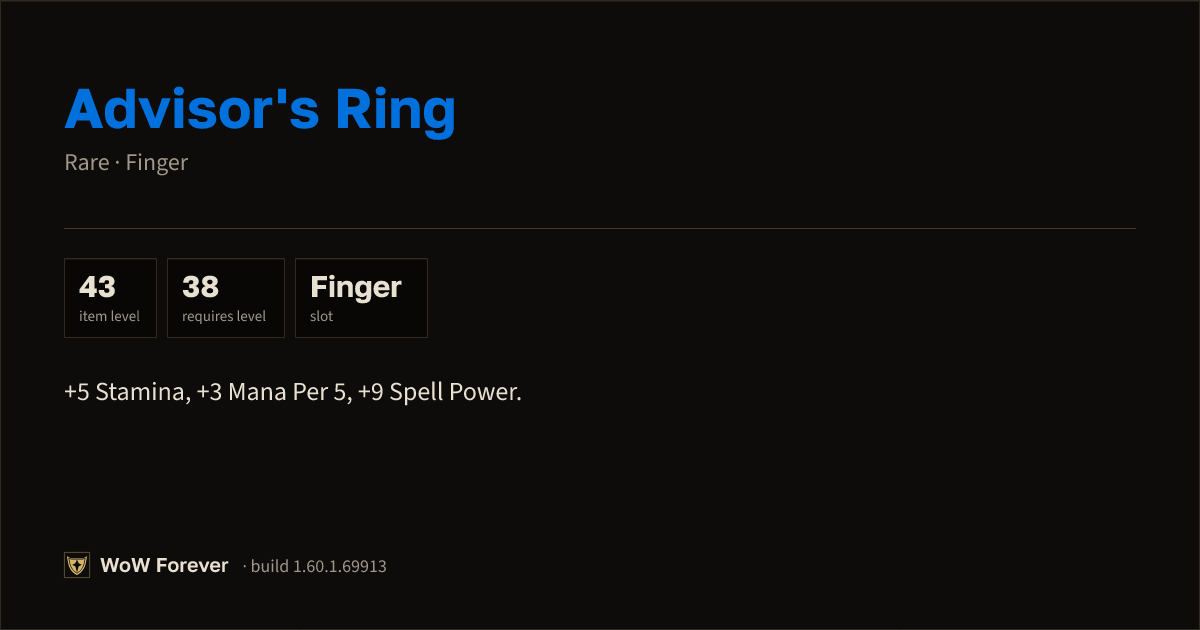 The preview card for Advisor's Ring - Rare Ring, Item Level 43