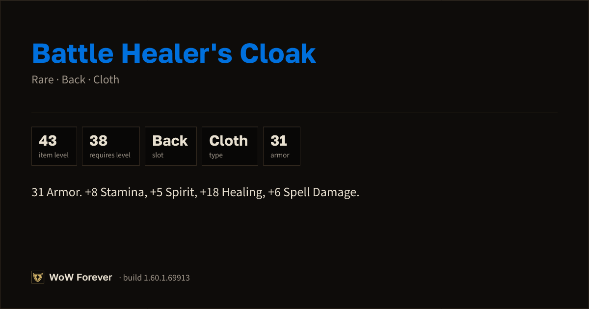 The preview card for Battle Healer's Cloak - Rare Cloak, Item Level 43