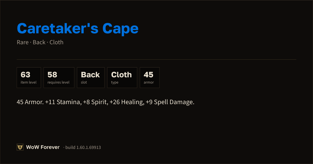 The preview card for Caretaker's Cape - Rare Cloak, Item Level 63