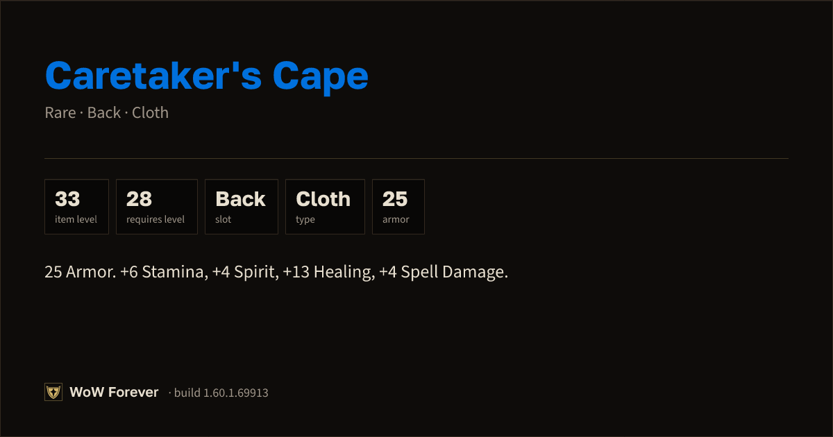 The preview card for Caretaker's Cape - Rare Cloak, Item Level 33